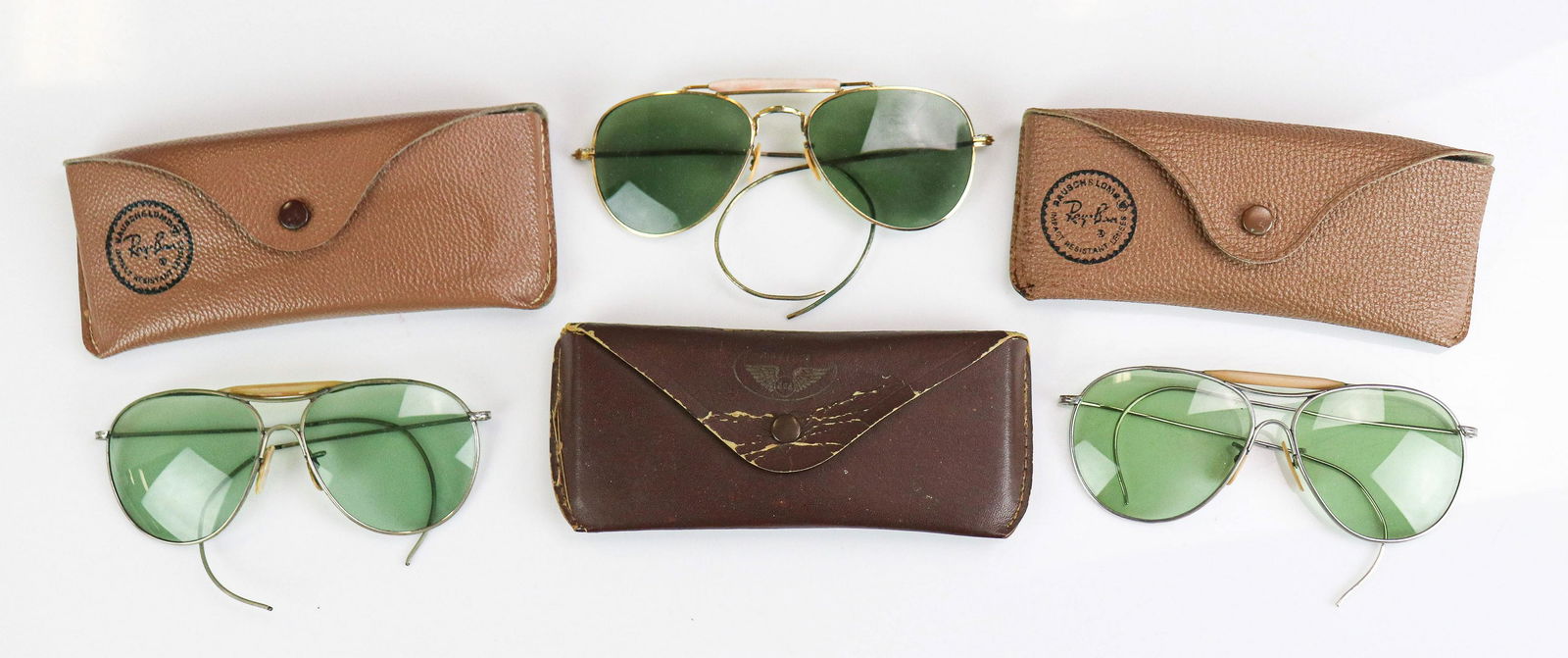 (3) Pair Vintage Outdoorsman Style Sunglasses: (3) Pair vintage Outdoorsman style sunglasses, celluloid wrapped bridge, cable temples, (1) pair in gold tone frame, all with green glass lenses, unmarked frames on all pairs, incl. Ray Ban and Air Fo