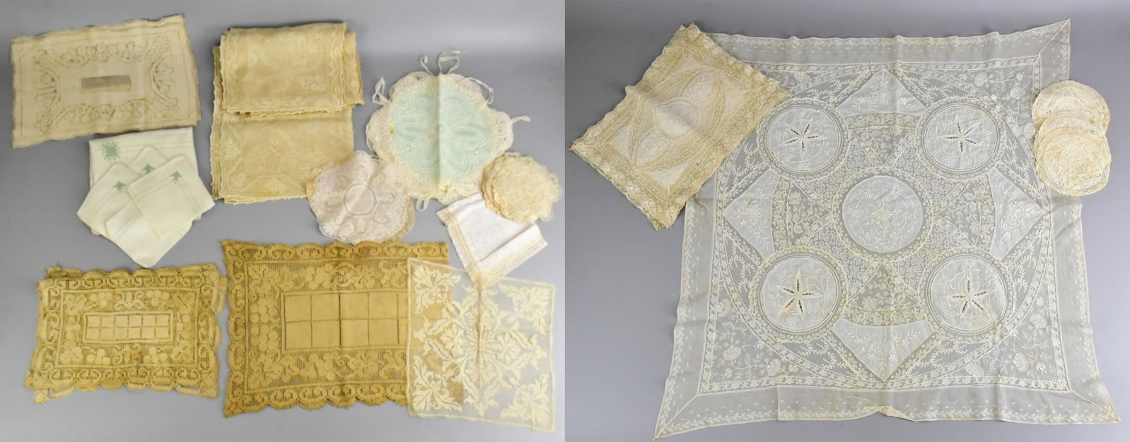 Antique Lace and Crochet Table Dressing: Antique lace and crochet table dressing to include lace and embroidered tea table cloth, 30" sqr, (8) lace and embroidered placemats, 14" x 10", (7) lace and embroidered doilies, (16) varied crochet d