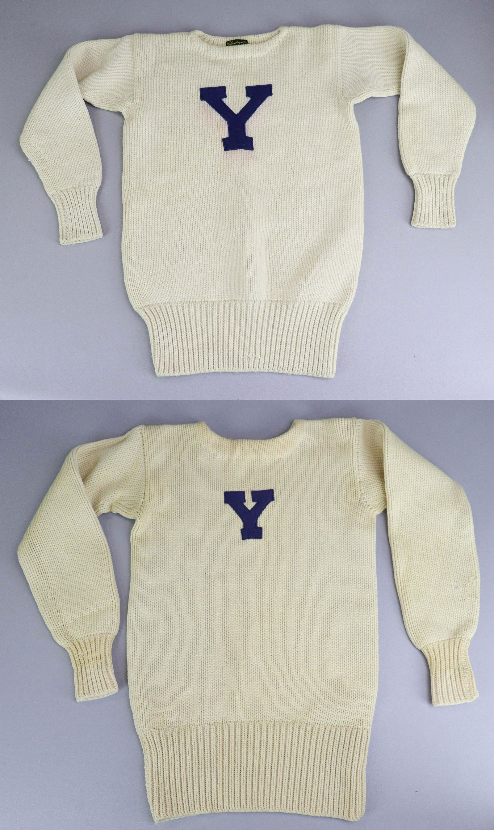 (2) 1940's Yale Spalding Letter Sweaters: (2) 1940's Yale Spalding letter sweaters to include 1940's letter sweater, 3-1/2" Y, 34" bust in good condition and letter sweater, -1/2" Y, some staining around Y, 34" bust.