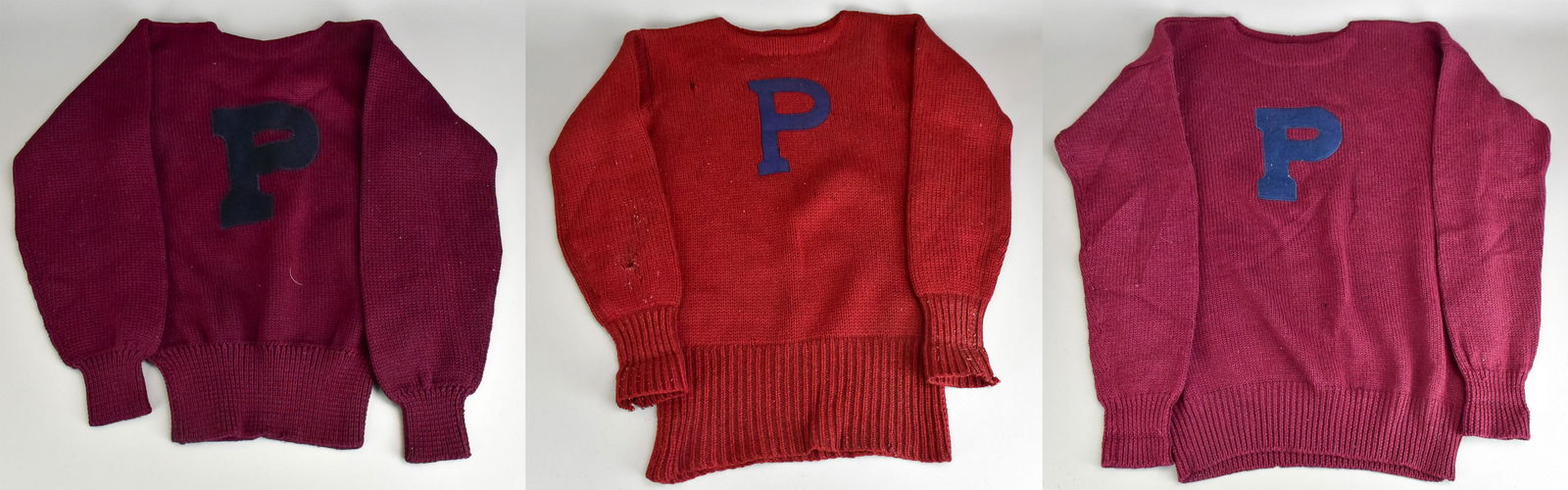 (3) Vintage Penn University Letter Sweaters: (3) Vintage Penn University letter sweaters to include 40's/50's Pearson Sporting Goods sweater, 36" bust, moth bites and hole, 1980's sweater, XL, moth bites and hole and 1950's Pearsons Sporting Goo