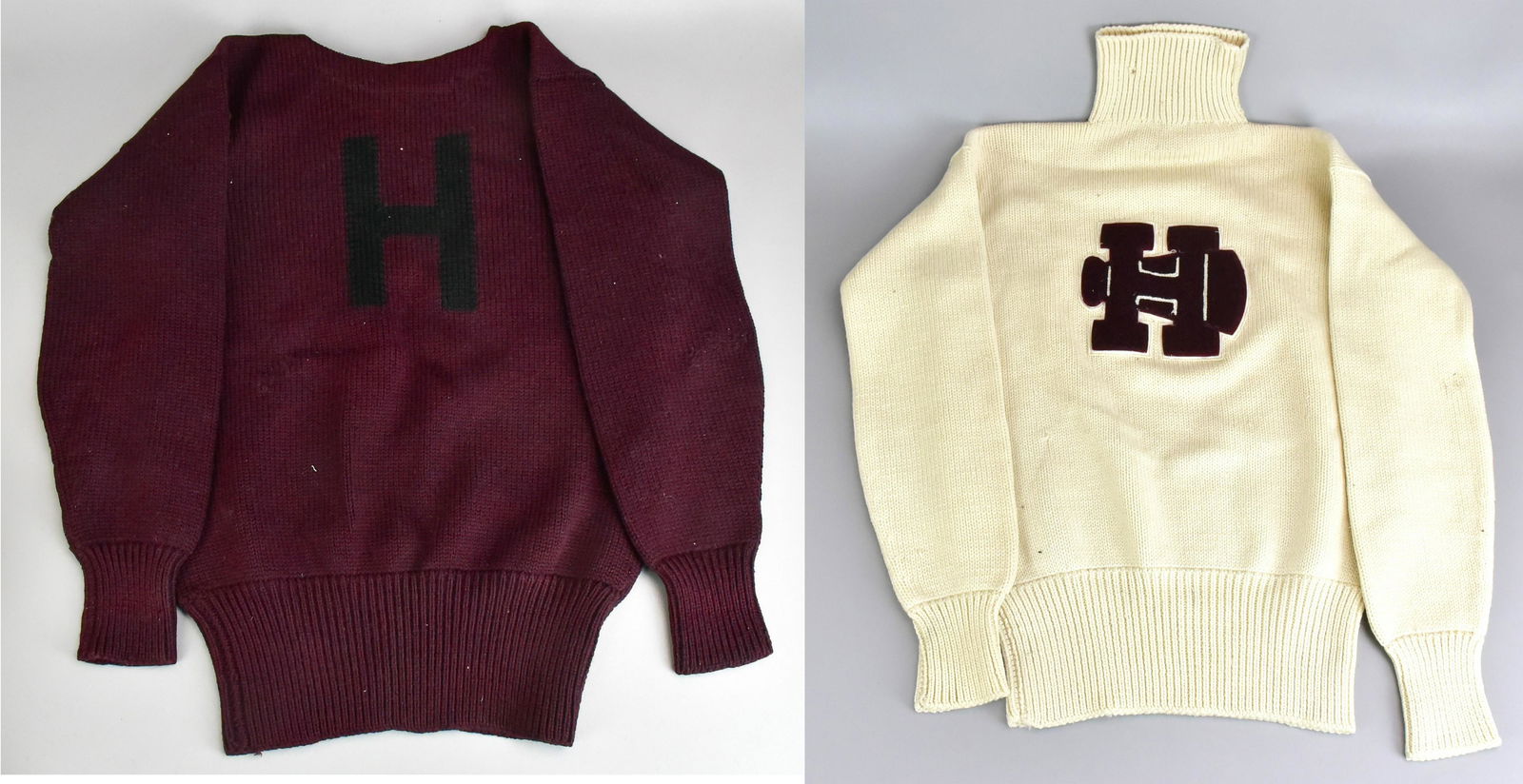 (2) Harvard Letter Sweater and Cheer Sweater: (2) Harvard letter sweater and cheer sweater to include 1940's H sweater, some repairs, 38" bust and Harvard cheer sweater, some moth damage, 38" bust