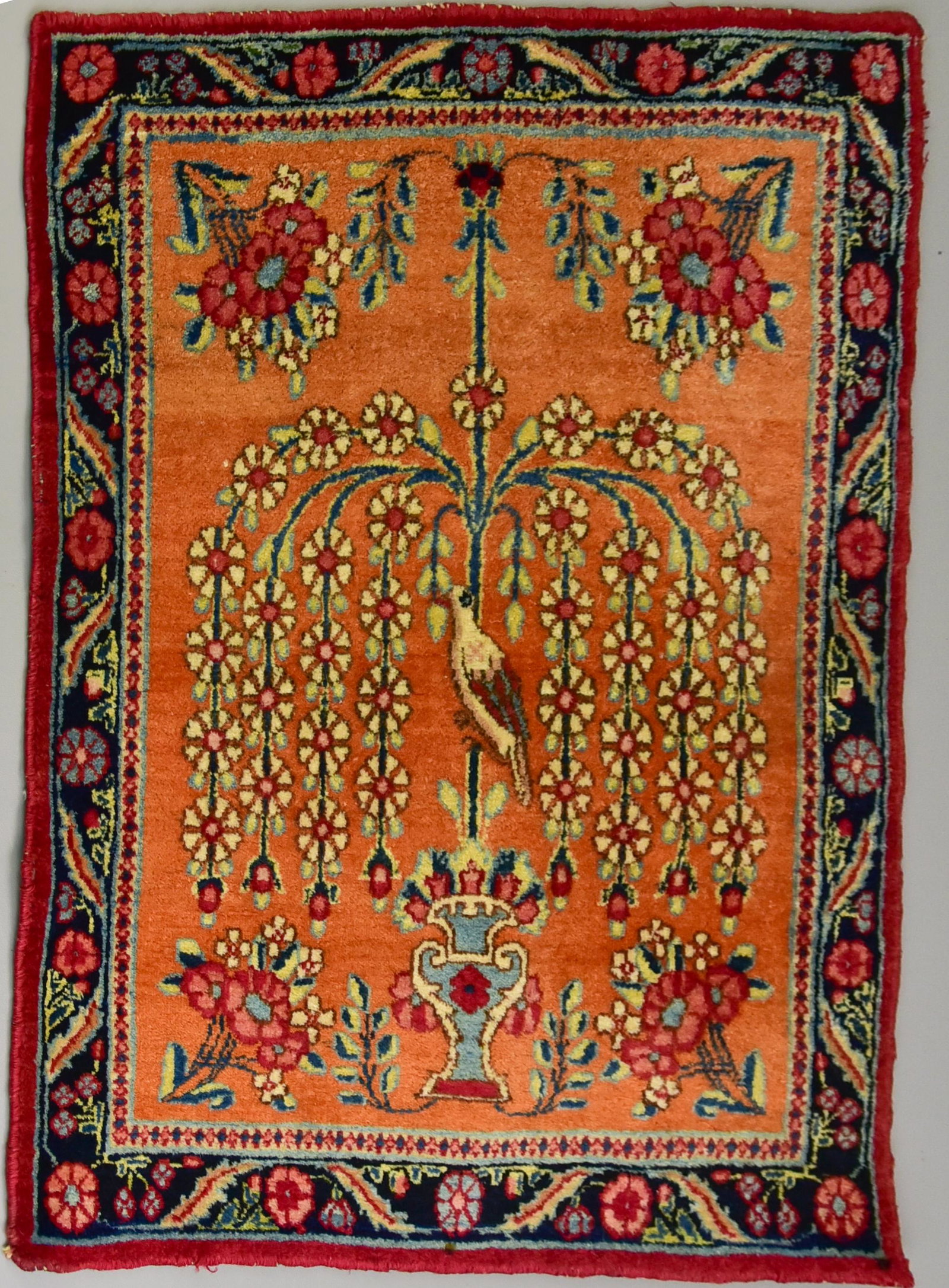 Persian Prayer rug, 23-1/4" h x 19-1/2" w: Persian Prayer rug, urn and bird design , 23-1/4" h x 19-1/2" w