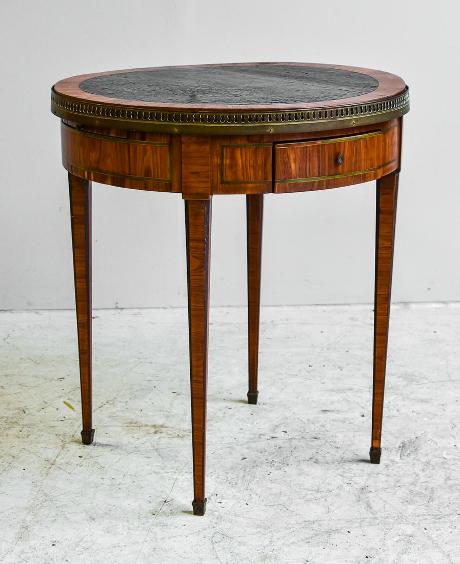 Georgian Hepplewhite Marble Top Gueridon: Georgian Hepplewhite Marble Top Gueridon, one drawer in apron, underside of removable top with green felt gaming surface, brass inlay and kingwood veneer, early 19th c, 26"diameter x 29"h