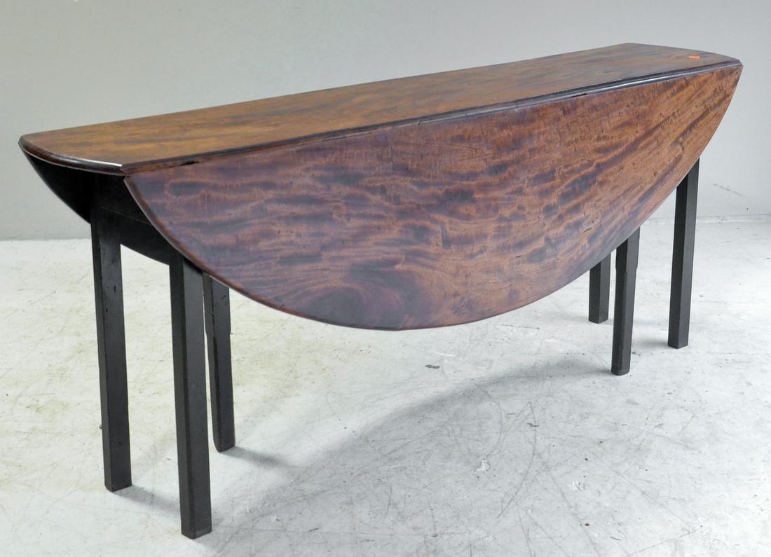 Mahogany Georgian Irish hunt table, late 18th c: Mahogany Georgian Irish hunt table, rectangular top with bowed ends and round leaves, on gateleg base, 71-1/2"l x 13-3/8"w, with 17"w leaves, late 18th c, Small split on edge, wear due to age and use