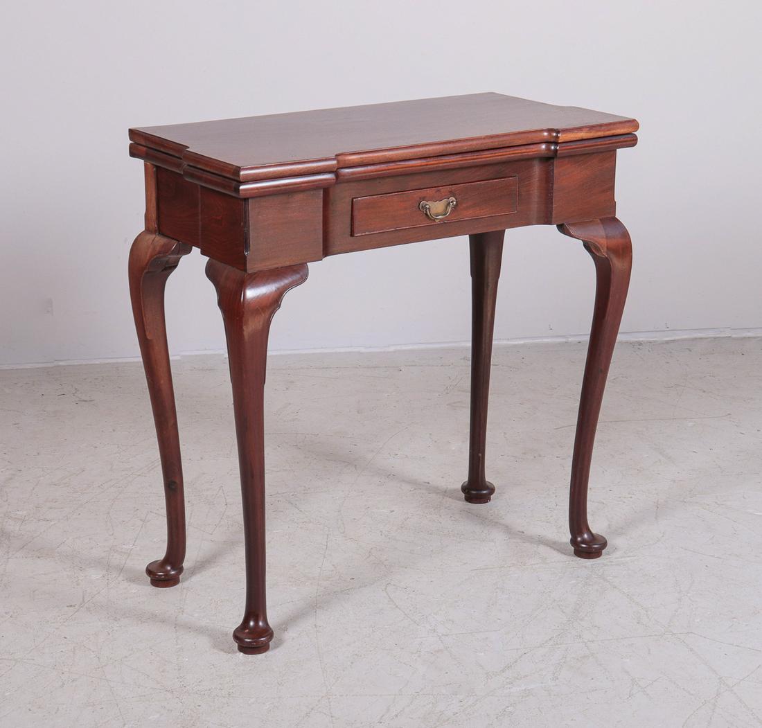 Mahogany QA blockfront card table w/ drawer: Mahogany QA blockfront card table w/ drawer, rectangular top with blocked front end, raised on cabriole legs on pad feet, English late 18th c, 29-1/2"w x 13-1/4"d29-3/4"h