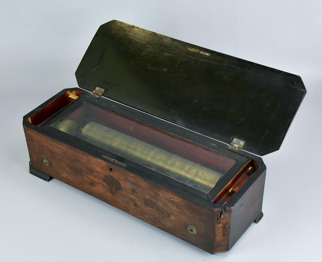 Swiss 6 Tune Cylinder Music Box, 13" cylinder: Swiss 6 Tune Cylinder Music Box, plays reluctantly, needs cleaning and overhaul, some split and losses to rosewood veneer, 13" cylinder, case 20" wide, c 1870-90