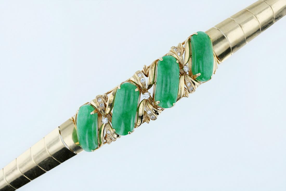 18KT Jade and Diamond Bracelet: 18K Jade and Diamond Bow Link Bracelet set with 4 curved jade pieces, and 12-1pt diamonds, and 3-4 pt Diamonds, 7" 16.6 Dwt.