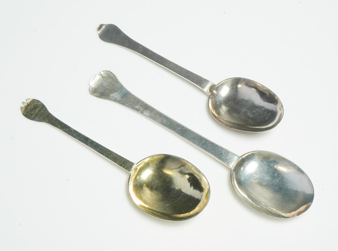 (3) English 17th c Provincial Silver Spoons: (3) English 17th c Provincial Silver Spoons: 1. Richard Ash, trefed, 7 5/8" l; 2. Robert Colgate, Lewes, Dognose, c. 1690, monogram IGA, 4 touch marks, 6 5/8"; 3. Gilt Trefid, Barnstaple, etched TD / 