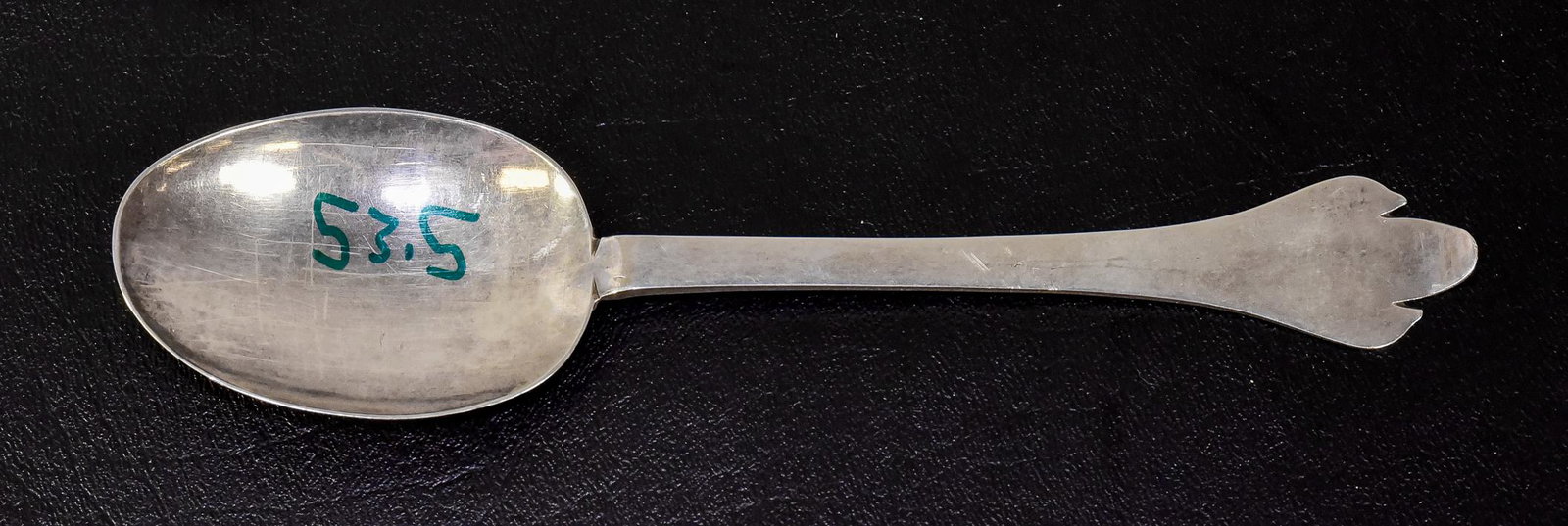 Charles II Silver Trefid Tablespoon: Charles II Silver Trefid Tablespoon, maker NC in a heart, London, 1684, ribbed rattail back, RC monogram, exc clear touchmarks, 7 3/4" long, 1.72 TO