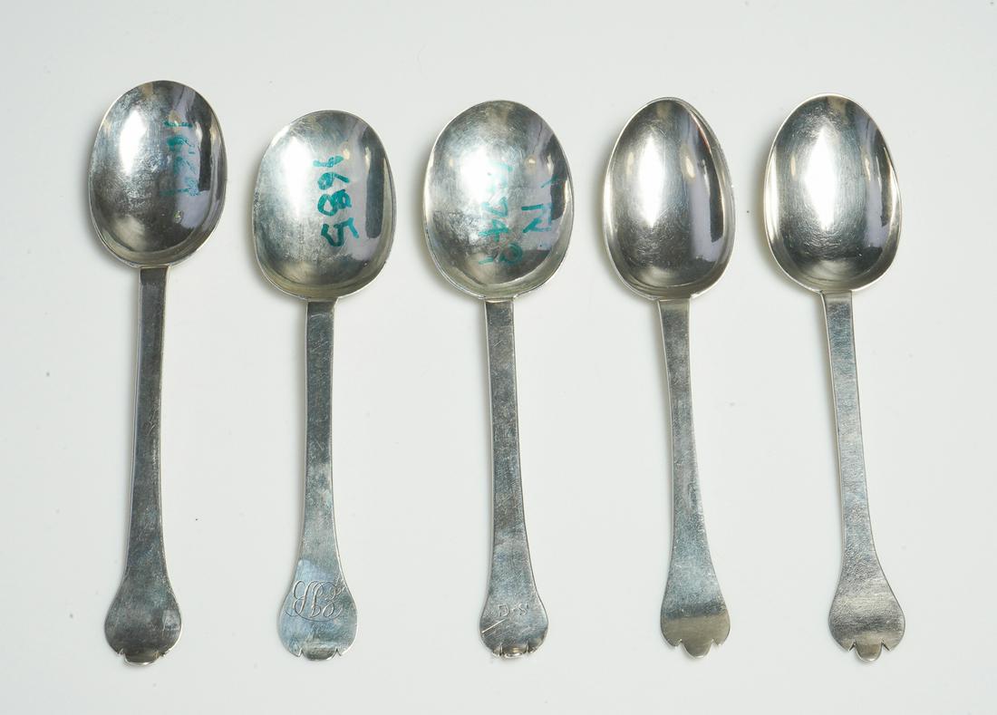 (5) 17th C English Silver Rattail Spoons: (5) 17th C English Silver Rattail Spoons, Trefoil Handles, (1) John King, 1674, High Ridged Rattail Spoon with Rounded Bowl, (2) John King, 1669, High Ridged Rattail Spoon with Rounded Bowl, (3) Edwar