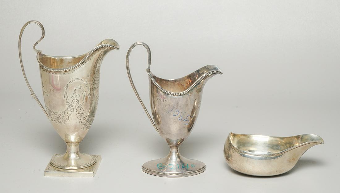 (3) 18th c English Silver Creamers/Pap Boat: (3) 18th c English Silver Creamers/Pap Boat: 1. William Skeen, London, 1793 Silver Pap Boat. (2.5TO) (1.75" h X 4.25" w); 2. Peter & Ann Bateman, London, 1792, Pedestal Creamer with Beaded Edges, Mono