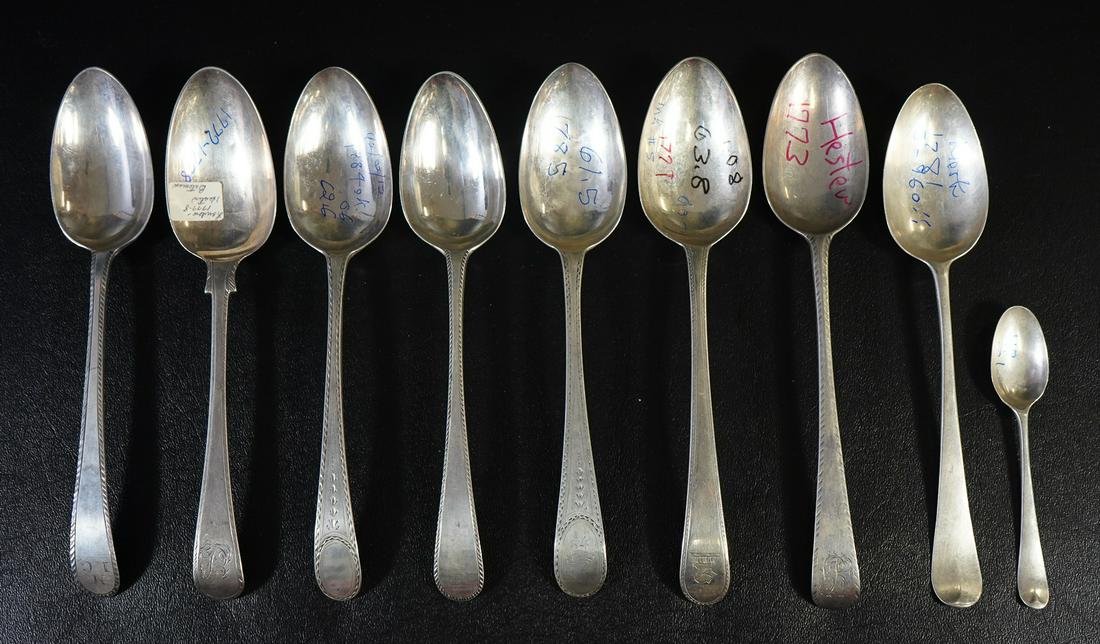 (9) 18th c English Silver Spoons, Hester Bateman: (9) 18th c English Silver Spoons, Hester Bateman, London, 1773-90, various lengths and decoration, 15.72 TO total weight, 4.75"- 8.5" long, Good