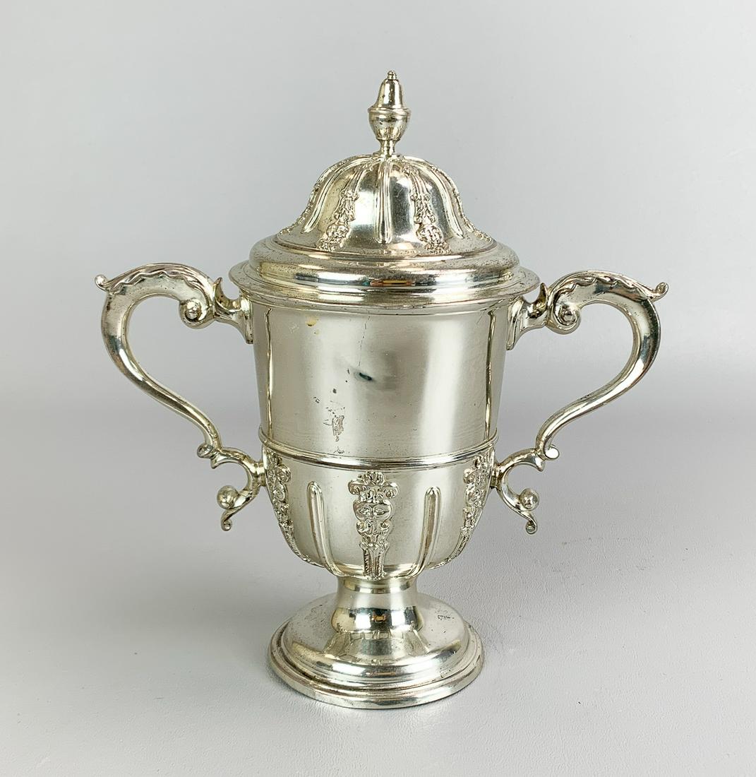 English George III Silver Pedestal Creamer: English George III Silver Double handled pedestal cup featuring a fully removable domed lid with acorn finial; chased Bacchus masques; and acanthus leaf decorations. John Langlands I & John Robertson 