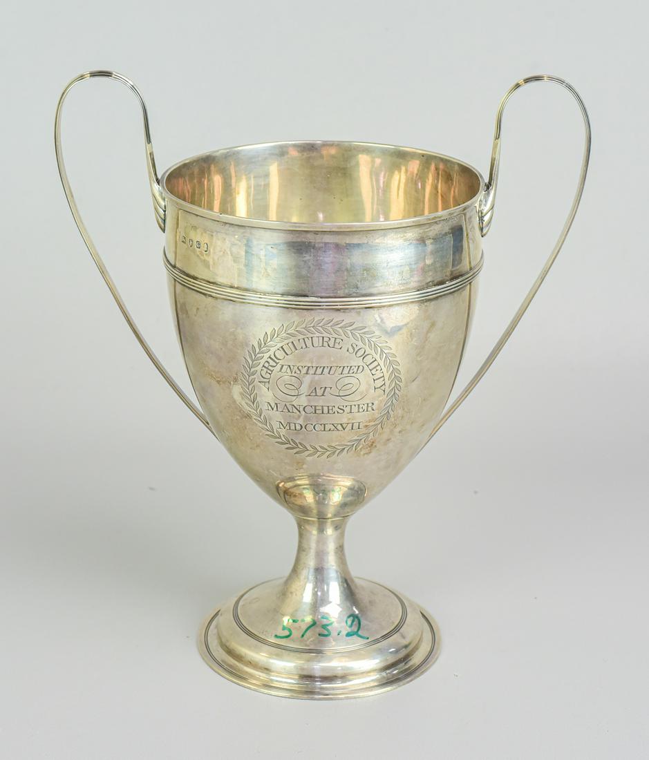 George III English Silver Loving Cup: George III English Silver Loving Cup, Samuel Godbehere, Edward Wigan, & James Bult, London, 1802, trophy engraving, double-handled loving cup on a round pedestal base w/spreading foot. Engraved "To Mr