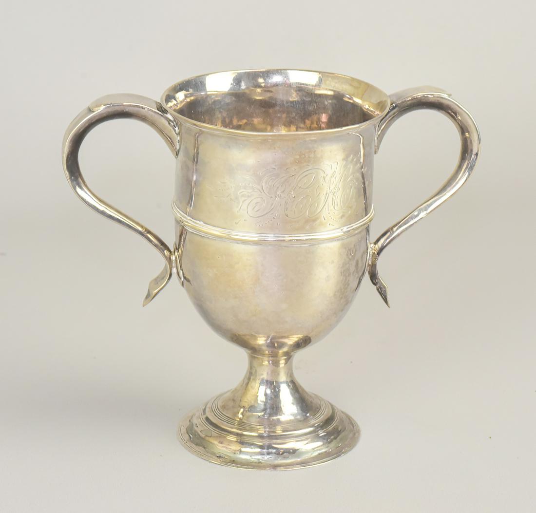 George III English Silver Loving Cup: George III English Silver Loving Cup, Ann & William Bateman, London, 1801, round, pedestal foot; featuring a pair of thick spur handles; a central, circumventing ridge; and a large "HH" monogram, hall