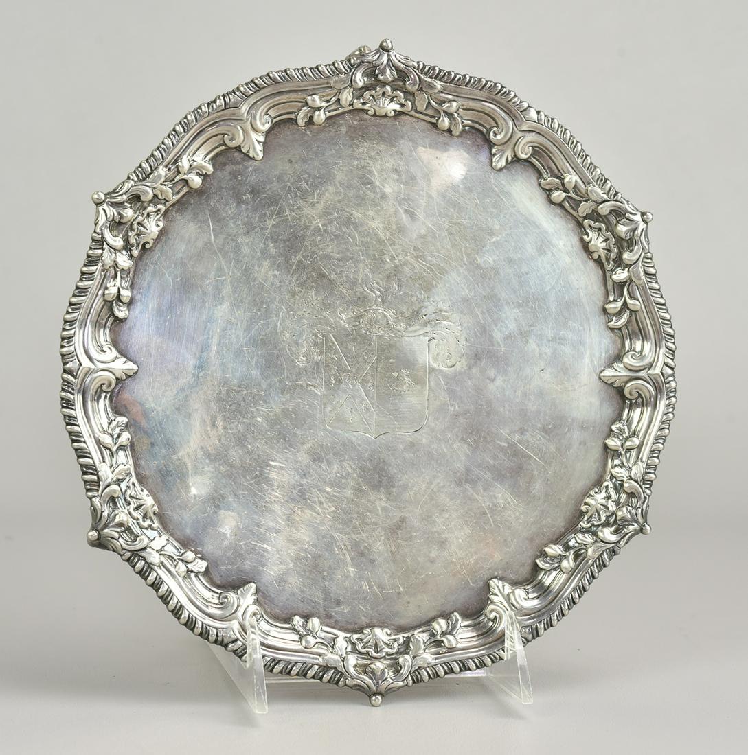 George III English Silver Salver, Elizabeth Cooke: George III English Silver Salver, Elizabeth Cooke, London, 1765, tri-legged salver with ball & talon feet; round scalloped form with 6 pointed ball-tips; rope decoration containing engraved berries, l