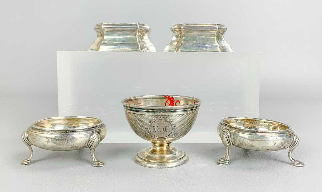 (4) 18th c English, (1) American Salt Cellars: (4) 18th c English, (1) American Silver Salt Cellars: 1. Walter Brind, London, 1767, Pr Tri-Footed Salt Cellars, Not Monogrammed. (2.86TO TW) (1.25" h X 2.5" w) (Good); 2. James Smith I, London, Engla