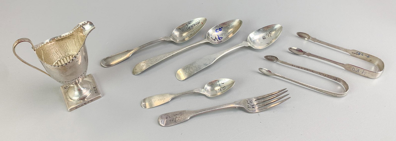 (8) 18th/19th c American Coin/English Objects: (8) 18th/19th c American Coin/English Silver Objects, NY, CT, MA, :1. Daniel Van Voorhis, New York City, 1775-1800, Serving Spoon, Monogrammed. (1.885TO) (9" long) (Good); 2. Coit & Mansfield, Norwich