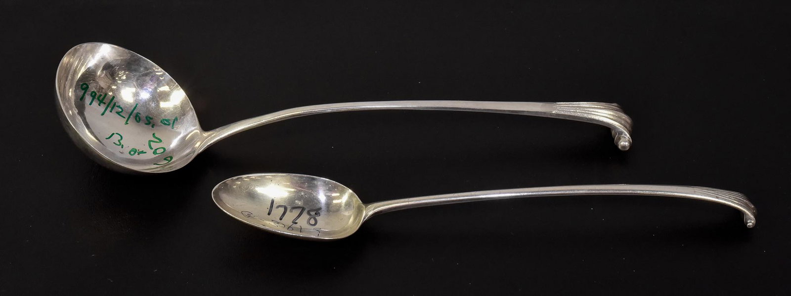 (2) 18th C English Silver Ladle/Stuffing Spoon: (2) 18th C English Silver Ladle/Stuffing Spoon, "Onslow" Pattern, spoon by William Cattell, London, 1778, 12" long; ladle by Robert Sallam, London, 1770, 13" long, 9.61 TO Total Weight