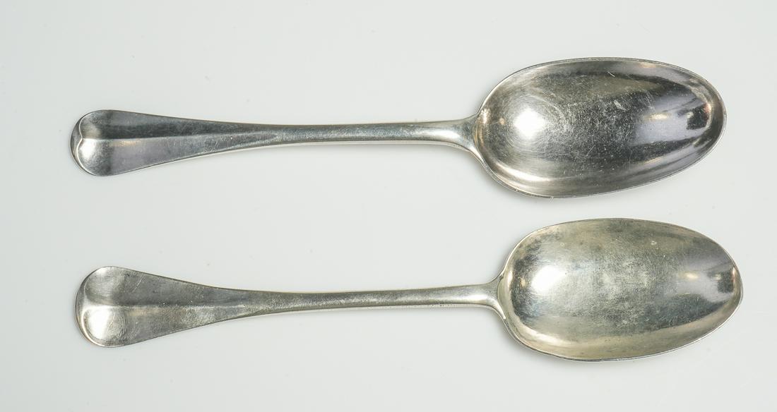 (2) American Coin Silver Tablespoons, Austin, Trott: (2) American Coin Silver Tablespoons, Nathaniel Austin, Charlestown, MA, 1760-1776 & Boston, MA 1776-1816, Shell Back Spoon; Jonathan Trott Sr., Boston, MA, 1750-1789, Shell Back Spoon; 3.14 TO Total 