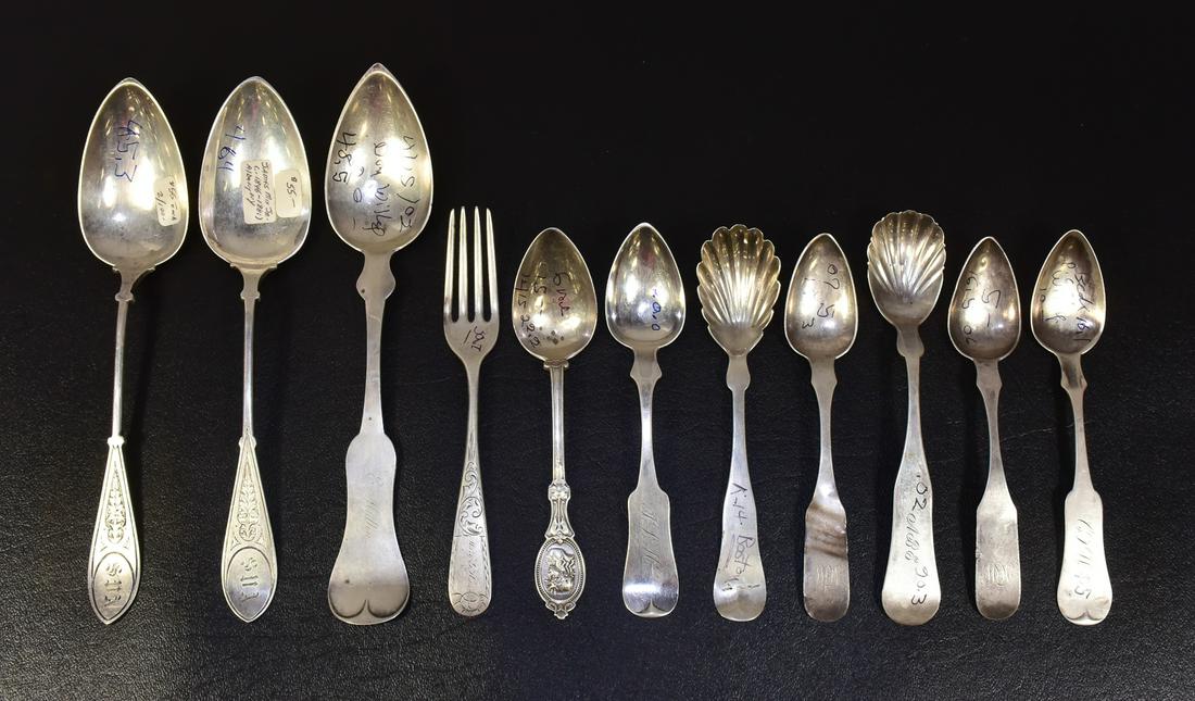 6 Groups of MD, OH, KY, NY Coin Silver Flatware: 6 Groups of MD, OH, KY, NY Coin Silver Flatware: 1. (4) pc 19th century flatware (2) teaspoons stamped "RW"; one teaspoon by Hotchkiss & Schreuder, Syracuse, NY; one dinner fork by William Justis, Bal