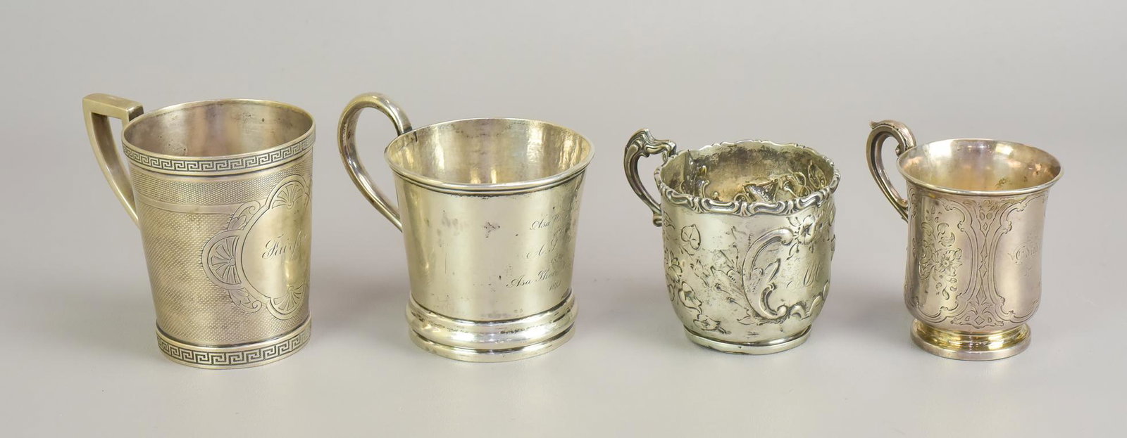 (4) 19th c American Coin Silver Cups: (4) 19th c American Coin Silver Cups: 1. William Gale, & Son, New York City, 1853-1866, Baluster Form Cup, Monogrammed "ABC". (3.78TO); (3.25" h X 4" w) (Good); 2. Victorian Baluster Form London, 1859