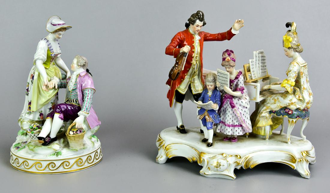 Two Meissen figural groups, 19th/20th centuries.: The larger group, depicting a music lesson, with underglaze blue crossed swords mark, 1860-1924, incised T136, and "3" in red overglaze, OH 8 1/2," OW 8," OD 5," Together with a figural group of depic