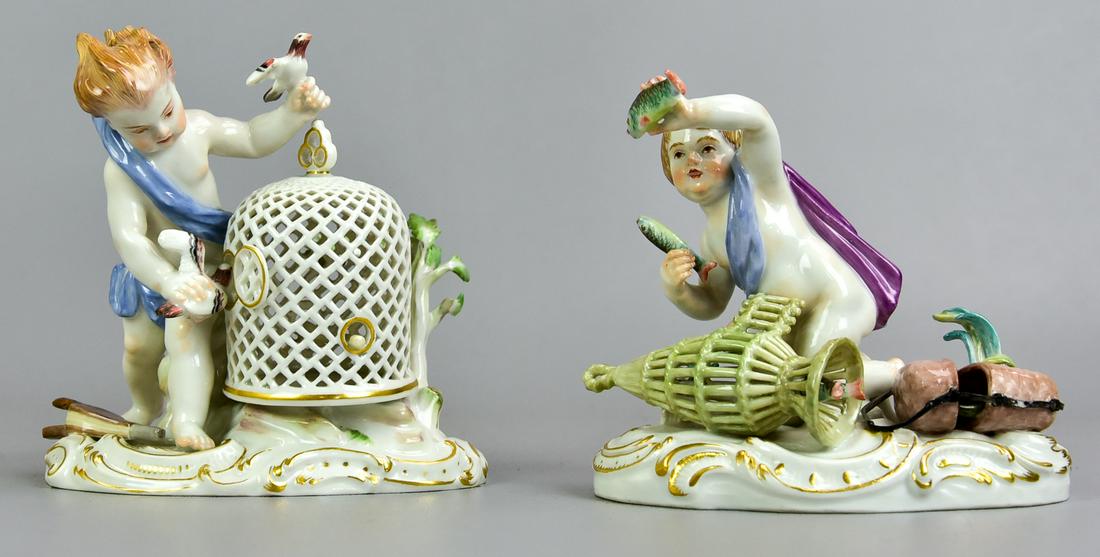 Two Meissen figural groups, tallest 4 1/2": One depicting a fish catcher, OH 4 1/2," OW 4 3/4" OD 2 1/4,, the bird catcher, OH 5 OW 4 3/4" OD 2 1/2," Losses to bocage on bird catcher. Each with underglaze blue crossed sword marks.