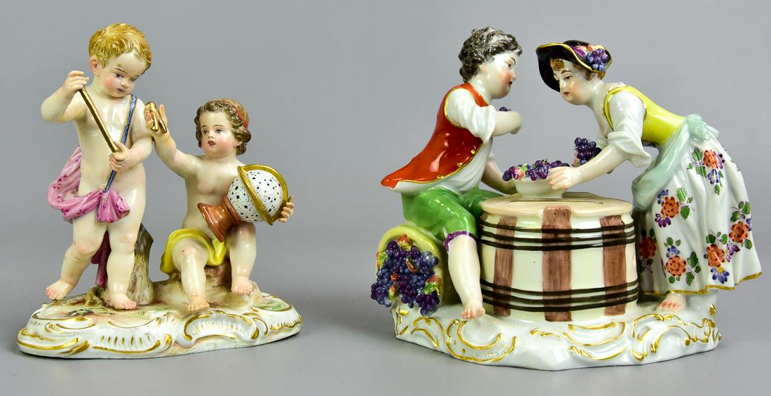 Two Meissen figural groups, 19th/20th centuries.: Two meissen figural groups, 19th/20th centuries. One group of emblematic of astronomy, with underglaze blue crossed swords marks, 1860-1924, incised "634" impressed "124." OH 5," OW 4," OD 2,." The ot