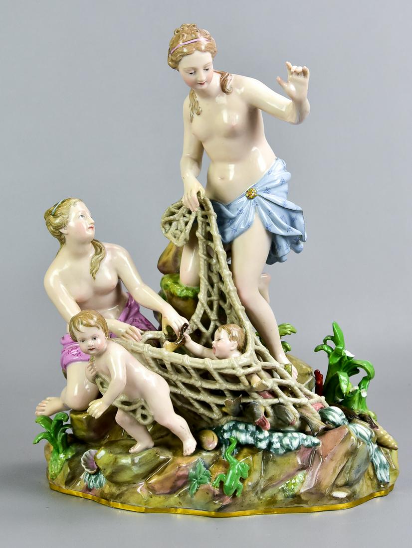 Meissen "Tritonenfang," 1860-1924.: Meissen "Tritonenfang", 1860-1924. After a model by J.J. Kaendler, with underglaze blue crossed swords marks. Some losses ro foliage on right rear. OH 12 1/2" OW 9 1/4" OD 6 1/2."1 break in net, chips