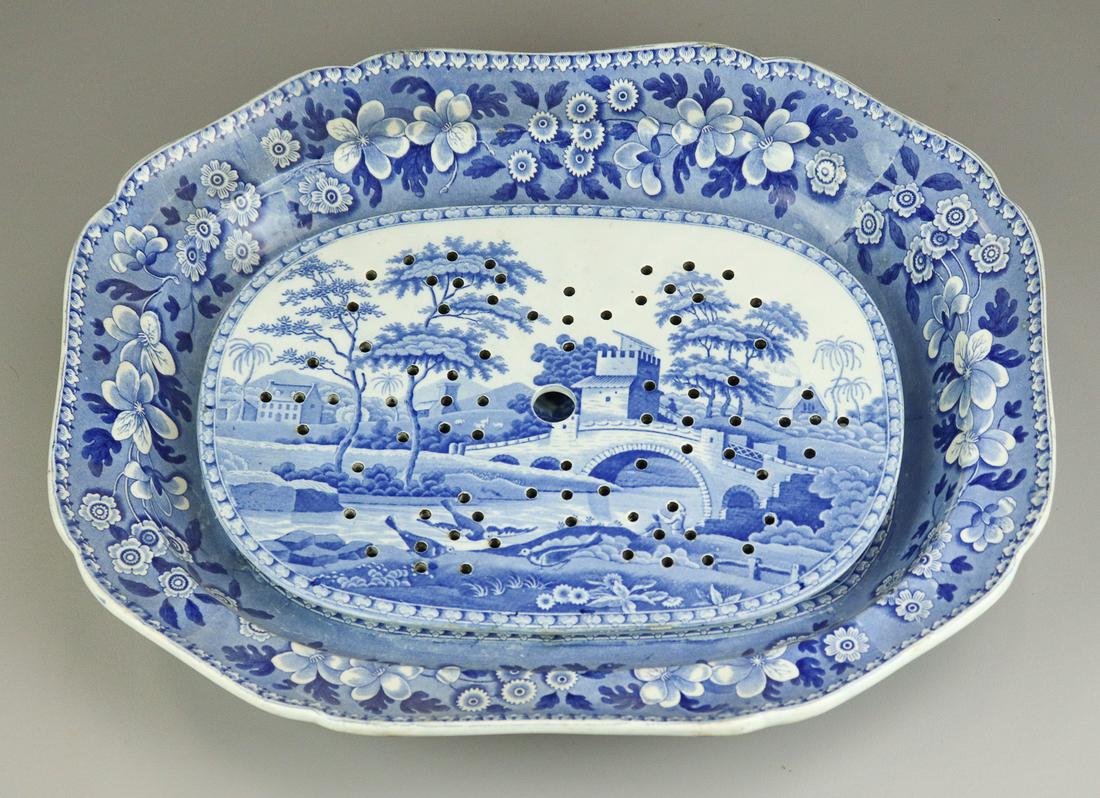 Spode Tree and Well Platter with Insert: Spode tree and well platter with insert, includes blue transfer decorated tree and well platter, 20-1/2"x15-3/4" and matched blue transfer patterned insert, very good condition save chip out of foot a