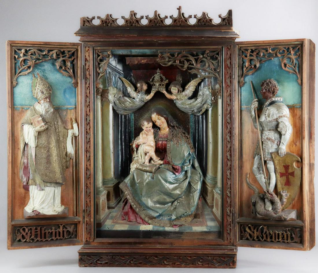 Neo-Gothic Carved Tryptych, German, 19th c, 32" h: Impressive Neo-Gothic Carved Tryptych, German, 19th c, Comprising a large and impressive carved and polychromed wood triptych in the neo-gothic taste. The central section depicting the Madonna and Chi