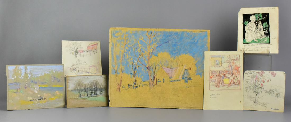 Henry James Soulen, (7) studies/drawings, w/c, gouache: Henry James Soulen (American, 1888-1965), (7) studies/drawings, w/c, gouache, pencil, the largest , 2 w/Soulen Estate stamps, on heavy paper/board, largest of the balance 6 1/2" x 8 1/2",