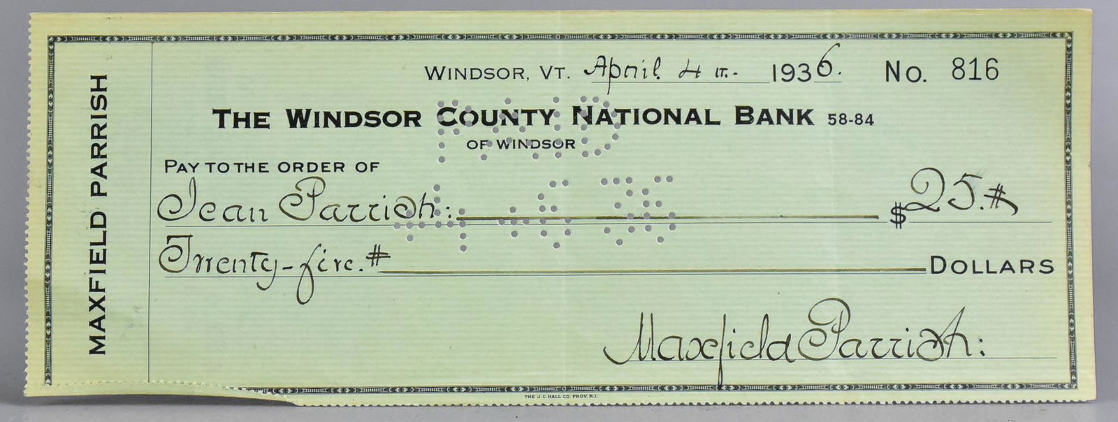 Maxfield Parrish, Canceled Check to Jean Parrish: Maxfield Parrish, American, 1870-1966, Canceled Check, dated April 4, 1936, in the amount 0f $25.00, made out to Jean Parrish, his daughter. Jean Parrish, a Southwest landscape painter, was born June