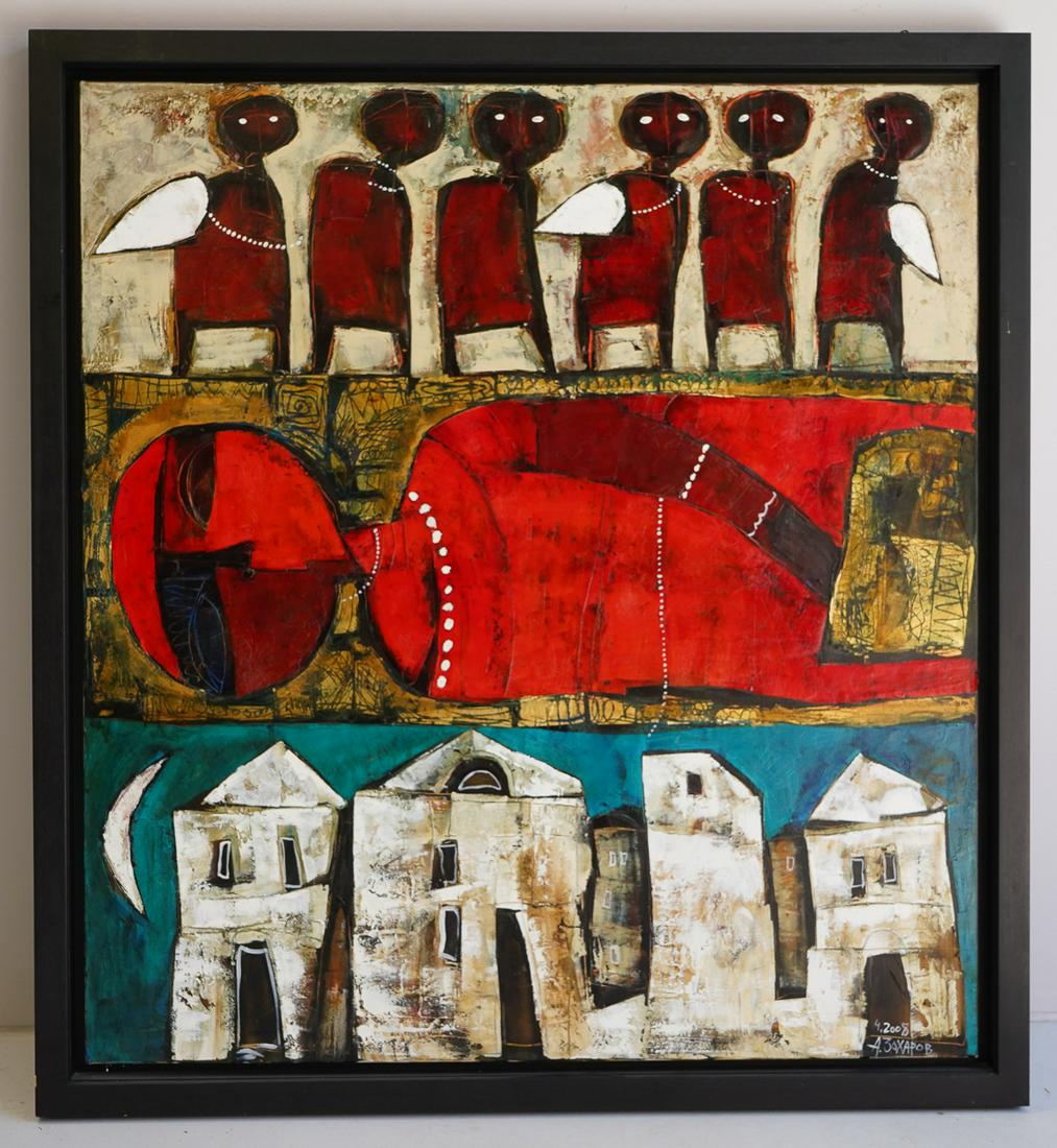 Alexandre Zakharov painting "Memory of a Town": Alexandre Zakharov (Ukrainian, b 1957) painting "Memory of a Town", oil on canvas, signed in Cyrillic "A akharov 2008", 47-1/4" x 43-1/4", framed 52" x 48", very good condition