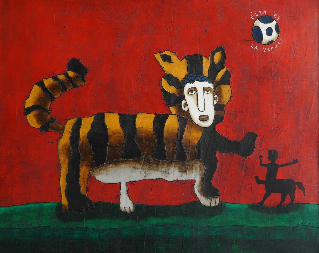 Daniel Romero "Gato con Mascara Humana": Daniel Romero, 20th-21st C Mexican, "Gato con Mascara Humana" (Cat with Human Mask"), mixed media on canvas, signed "Romero 2006", 31-1/2" x 39-1/2", framed 38" x 46", very good condition