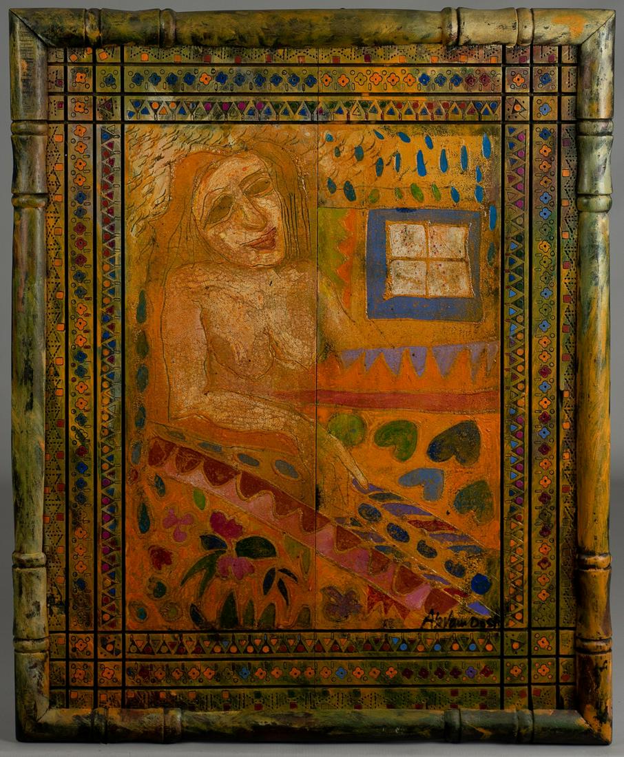 Akram Dost painting "Relation": Akram Dost, 20th-21st C Pakistani, painting "Relation", oil and mixed media on wood panel, signed "Akram Dost", 27" x 22" including frame, good condition