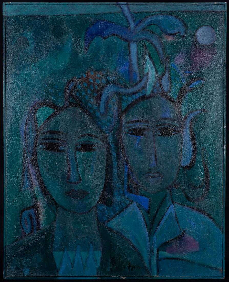 Wahab Jaffer modern painting "2 Women": Wahab Jaffer (Pakistani, b 1941) modern painting "2 Women", acrylic on canvas, signed "Jaffer 2000", 30" x 24", fraemd 30-1/2" x 24-1/2", very good condition