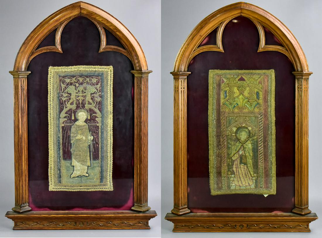 Pr Early Orphrey Panels in Gothic Frames: Pr Early Orphrey panels in Gothic frames, probably 16th C Italian, silk with gold and metallic thread, mounted in 19th C Gothic oak carved frames, panels 18" x 9-1/2", framed size 33" x 22", very good