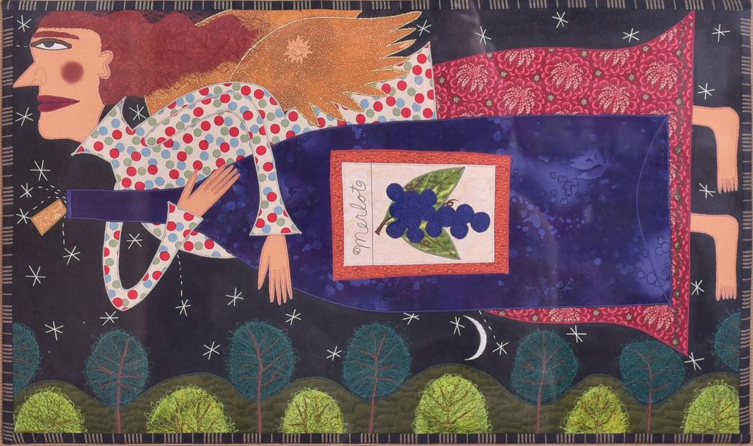 Chris Roberts Antieau Angel with Bottle of Wine: Chris Roberts Antieau (American, b. 1951) Angel with Bottle of Wine, fabric painting with embroidery and applique, original custom frame by the artist, 19-1/2" x 29-1/2", very good condition