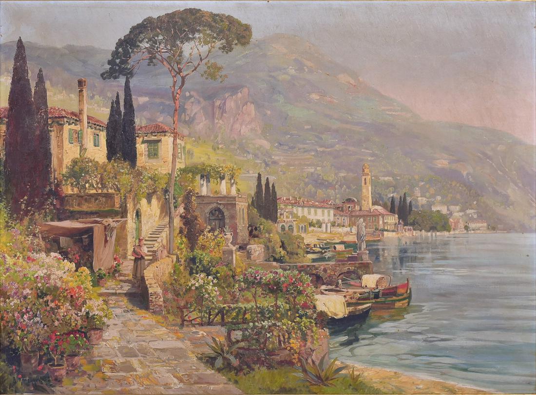 Alois Arnegger Italian Coastal Painting: Alois Arnegger (Austrian, 1879-1963) Italian coastal painting, oil on canvas, signed "A. Arnegger, 29" x 39-1/4", framed 34-1/2" x 44-1/4", good condition