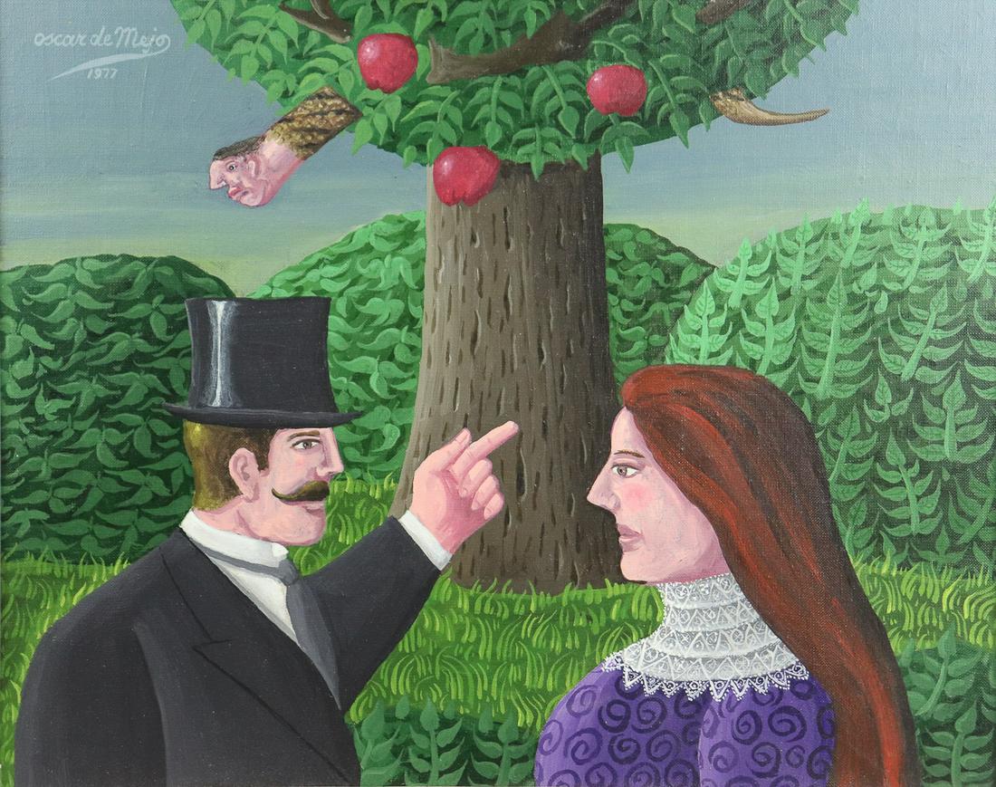 Oscar DeMejo "Adam and Eve": Oscar DeMejo (Italian-American, 1911-1992) "Adam and Eve" 1977, acrylic on canvas board, signed upper left, 16" x 20", pictured on page 44 of the book "My America" by Oscar DeMejo. DeMejo commented: "