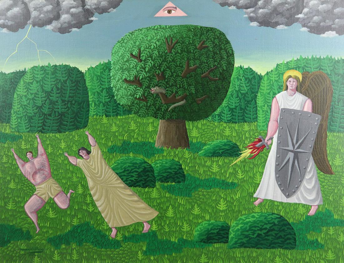 Oscar DeMejo "Paradise Lost": Oscar DeMejo (Italian-American, 1911-1992) "Paradise Lost" depicting the cherubim angel with a flamed sword banishing Adam and Eve from the Garden of Eden, 1974, acrylic on canvas, signed lower left, 