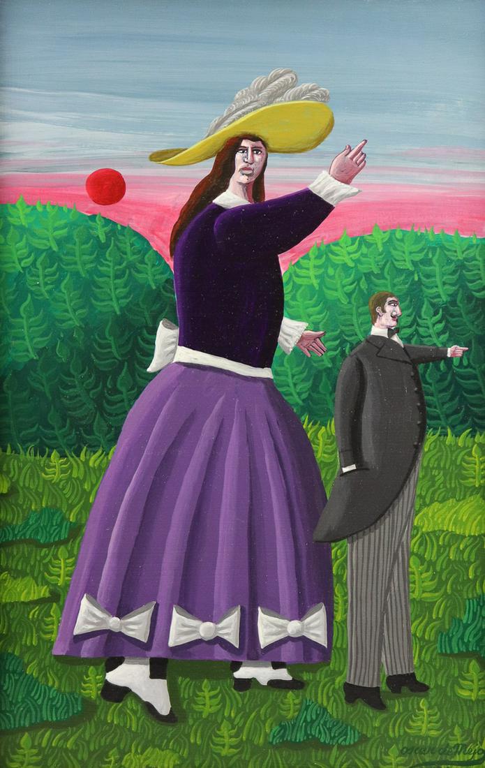 Oscar DeMejo "Sunset II": Oscar DeMejo (Italian-American, 1911-1992) "Sunset II" depicting a lady and gentleman pointing into the distance at dusk, 1974, acrylic on masonite, signed lower right, 17" x 12", very good condition;