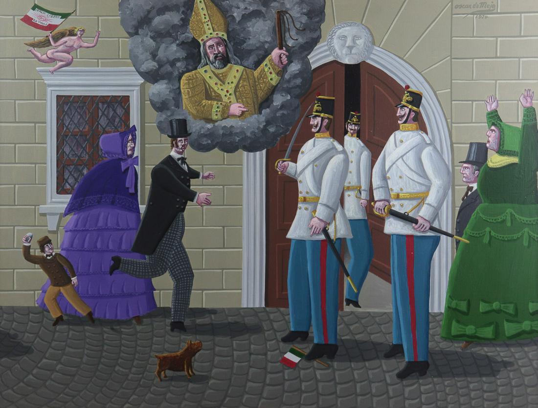 Oscar DeMejo "The Revolt of Milano": Oscar DeMejo (Italian-American, 1911-1992) "The Revolt of Milano" depicting 3 Austrian soldiers being assaulted by citizens of Milan during the Five Days of Milan, 1974, acrylic on masonite, signed up