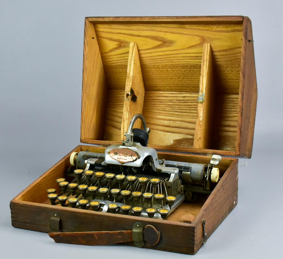 Blickensderfer Featherweight Typewriter: Blickensderfer featherweight typewriter in original oak box, marked '501 Special' with plaque at front reading, 'Aluminum Featherweights BLICK 9 & 10 Cheapside London, Made in USA', 12" x 8-1/4"