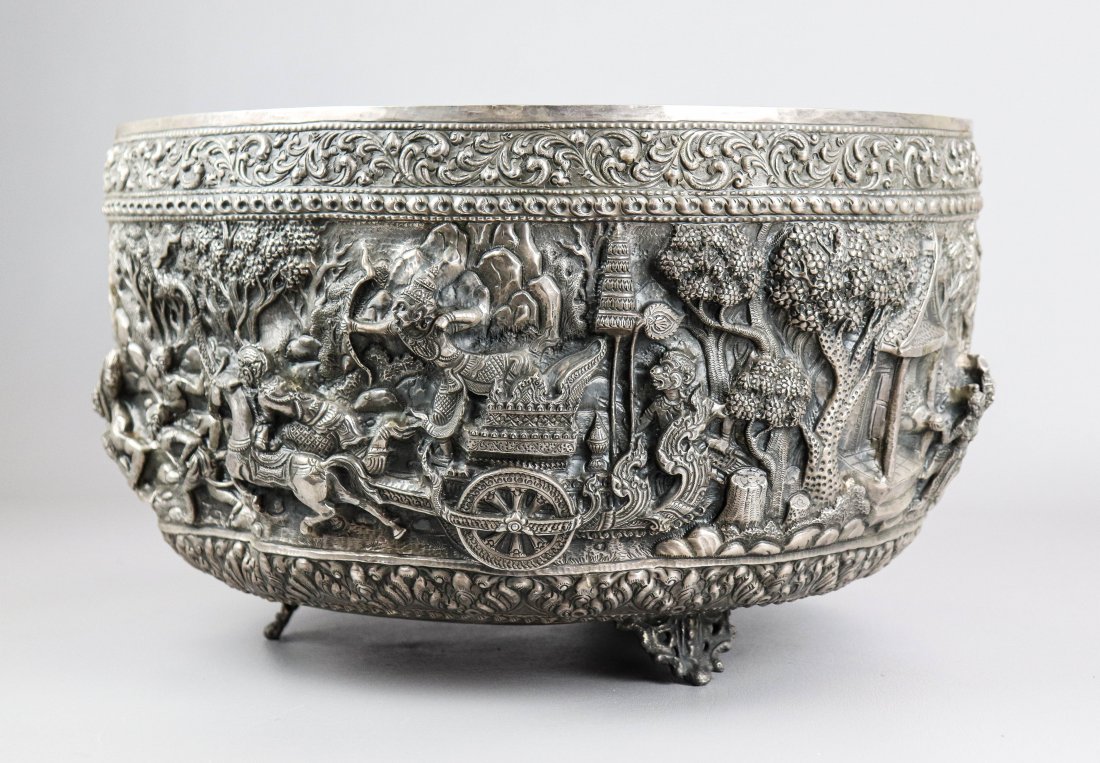 Thai/Burmese Repousse Silver Bowl: Thai/Burmese repousse silver bowl, 15" dia x 9-3/4" h, 103.3 TO