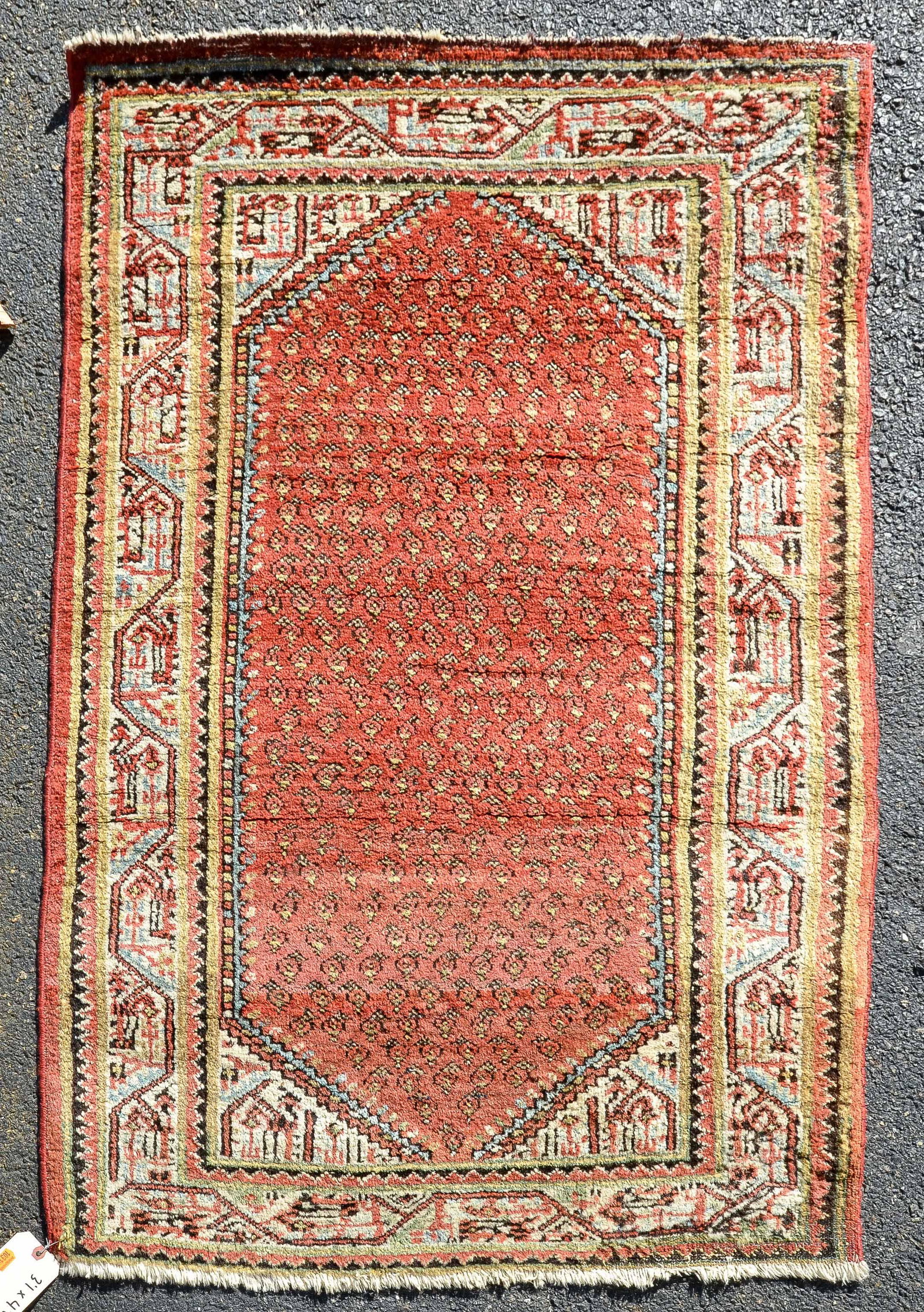 3'1" X 4'9" Tribal Area Rug: 3'1" X 4'9" soft red Tribal area rug; areas of mothe damage, but clean