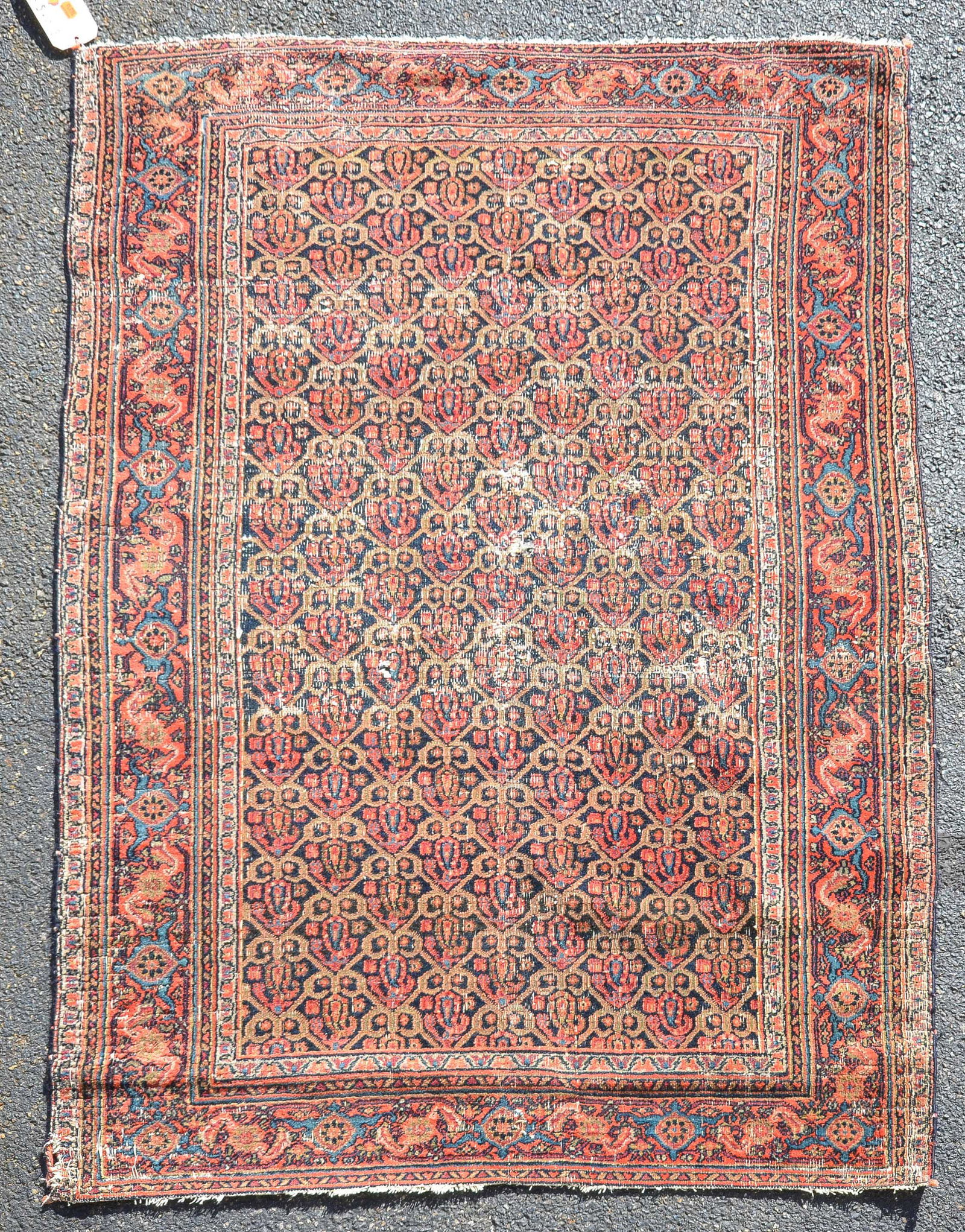 3'10 X 5'4" Malayer Area Rug: 3'10 X 5'4" Malayer Area Rug; all over wear, overcast edges, low piles, some holes