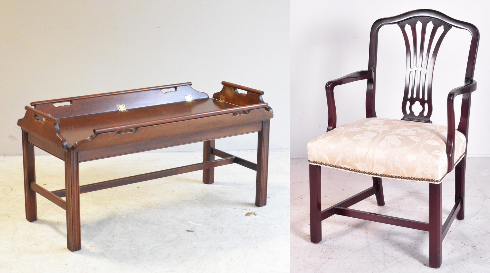 Chippendale style butlers table, Chippendale style: Chippendale style butlers table, along with Chippendale style armchair, largest 21"h x 43"w